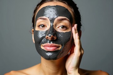 Close-up of a woman putting on activated charcoal face mask with gray background.