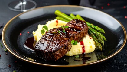 Grilled Steak with Mashed Potatoes and Asparagus