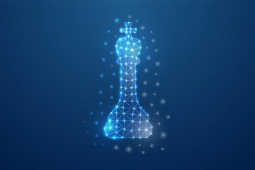 Futuristic glowing chess king piece in low poly style with bright connected dots on dark digital background