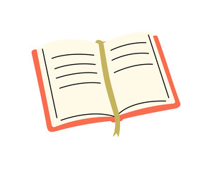 Open book with orange cover and bookmark ribbon. Flat vector illustration for reading or journaling visuals