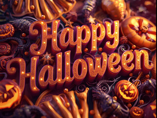 Psychedelic 1970s Groovy Happy Halloween 3D Lettering with Pumpkins and Decorative Swirls