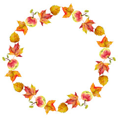 Round watercolor autumn frame with apples and colorful leaves. Seasonal wreath border perfect for invitations, greeting cards, posters, harvest and Thanksgiving design.