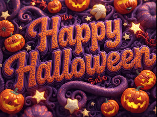 Vibrant Retro Halloween Typography in Orange and Purple with Funky 3D Text and Stars