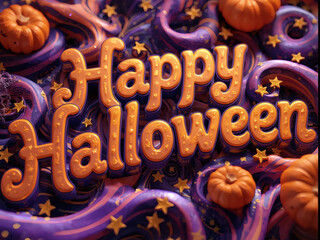 Retro 1970s Style Happy Halloween 3D Typography in Vibrant Orange and Purple with Pumpkins and Stars
