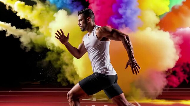 Athletic male runner sprinting on red track with vibrant colorful smoke explosion behind. Dynamic sports action, fitness training with powder burst effects and speed motion blur.