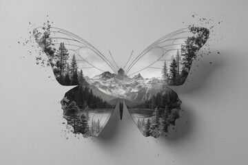Obraz premium A black and white photo of a butterfly with a mountain in the background