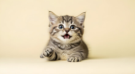 Obraz premium Adorable kitten with wide eyes and open mouth, ready to play and capture hearts