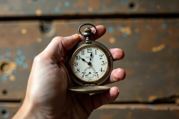 Capturing Timeless Nostalgia: Hand Holding Vintage Pocket Watch Against Rustic Background