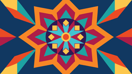 Geometric Mandala Pattern with Starburst Design and Teal Orange Yellow and Blue Colors symmetrical