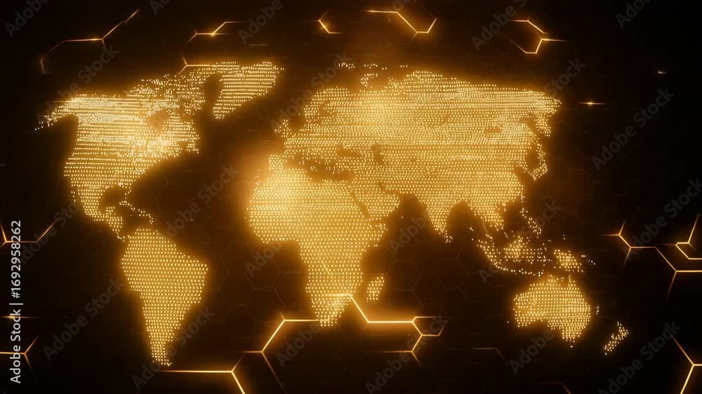 Poster Digital world map with illuminated continents in hexagonal grid design