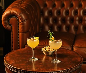 Elegant Cocktails on a Dark Wooden Table, with a Leather Sofa in the Background