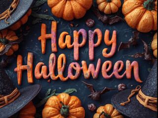 Festive Halloween 3D Artwork Featuring Pumpkins, Witches Hats, and Spooky Bats