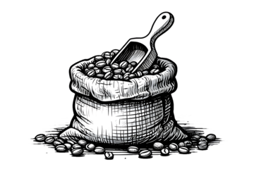 Hand drawn illustration of a sack full of coffee beans isolated on transparent background a wooden scoop is inside