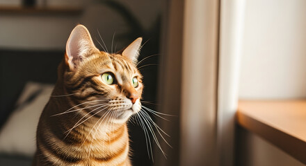 Stunning Bengal cat gazing thoughtfully with bright green eyes in warm natural light