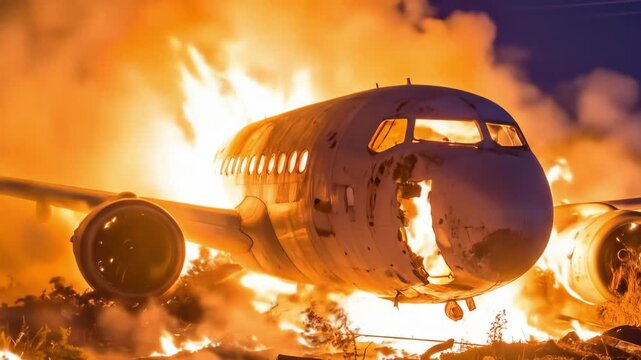Plane crash with fire and smoke, airplane disaster footage