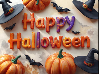 Spooky Happy Halloween 3D Artwork with Pumpkins