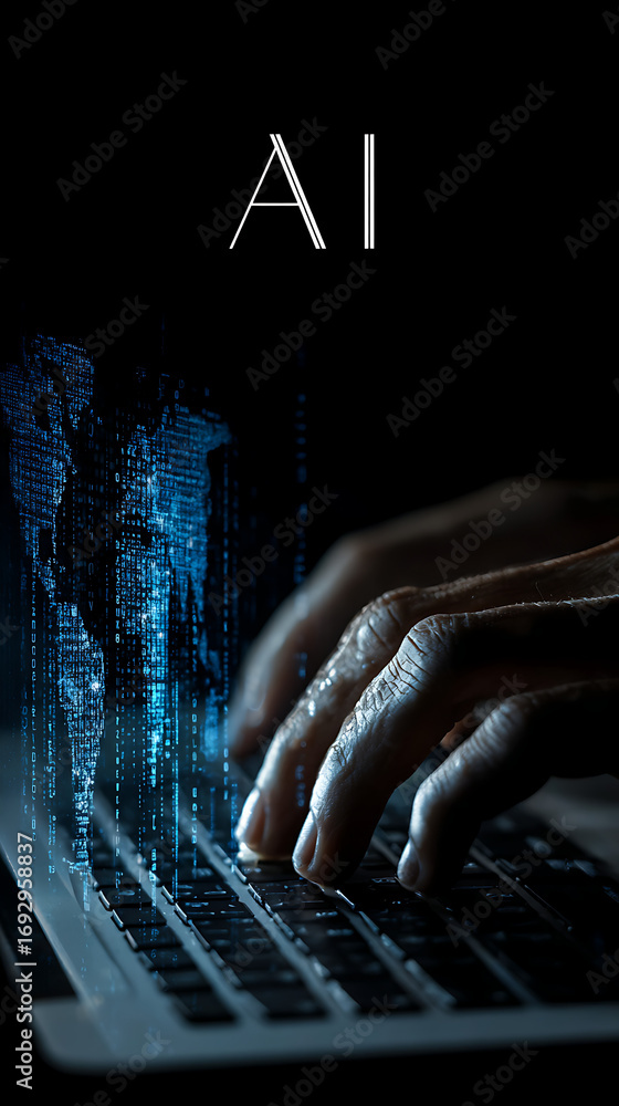 Poster human hands typing on laptop with digital world map and binary code artificial intelligence technolo