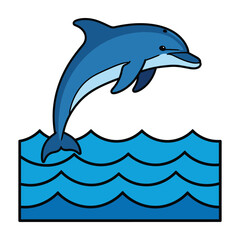 Obraz premium Blue cartoon dolphin leaping out of stylized blue ocean waves jumping