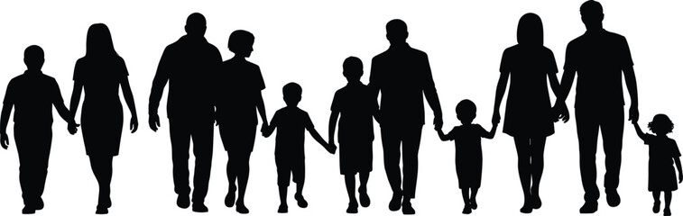 Silhouette of diverse families walking hand in hand, togetherness, parent-child bonding, unity, love, multi-generation, family values, peaceful harmony