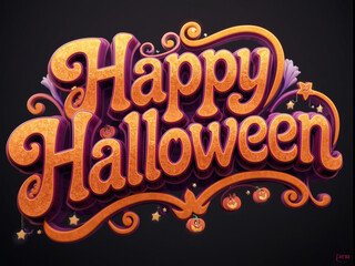 Retro 1970s Style Happy Halloween 3D Typography with Psychedelic Orange and Purple Lettering and Decorative Pumpkins