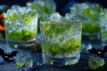 Zombie Brain Shots with layered drink with jelly, garnished with spooky effects. Concept of dark atmosphere featuring Zombie Brain Shots, evoking mystery and excitement.