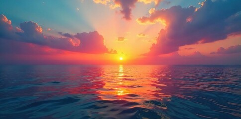 Serene sunset over calm ocean water, reflecting vibrant colors in the sky Silhouetted horizon, tranquil scene Perfect for travel, nature, or relaxation themes , tranquil, purple, water