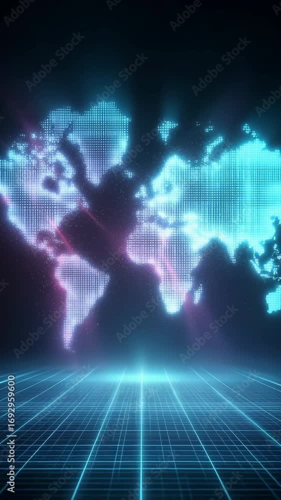 Poster futuristic digital world map with gridlines and neon lights in a virtual space