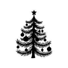 Obraz premium Festive black silhouette Christmas tree adorned with ornaments and star ready for holiday design