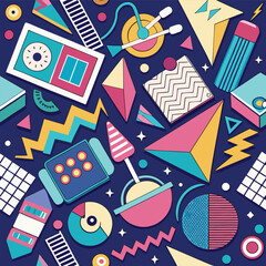 Retro 80s Memphis Style Geometric Pattern with Vibrant Colors and Shapes on Dark Blue Background vector