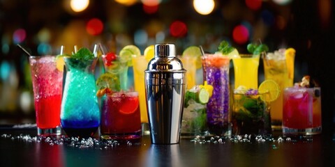 A selection of beautifully mixed cocktails are displayed on a bar, ready to be enjoyed.