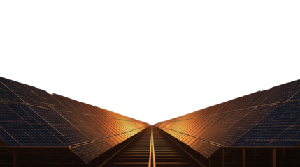 Solar energy power plant at sunset, renewable energy scene isolated on transparent background