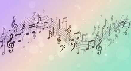 Abstract musical notation design with flowing lines and notes, soft pastel background.