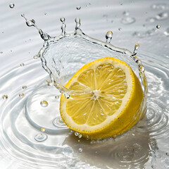 fresh lemon slice splashing in clear water