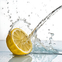fresh lemon slice splashing in clear water