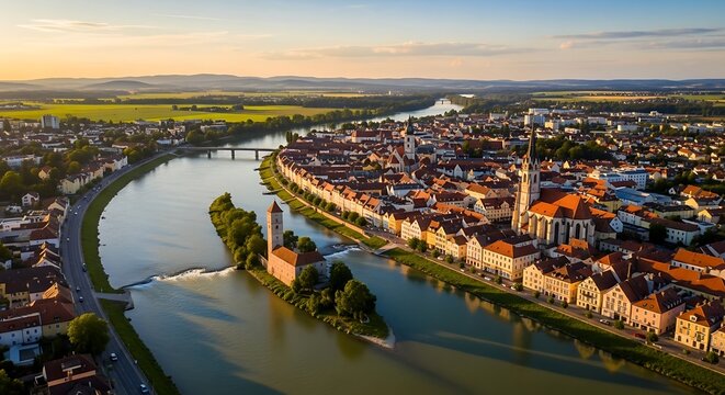 Aerial View of Gyor, Hungary at Sunset.