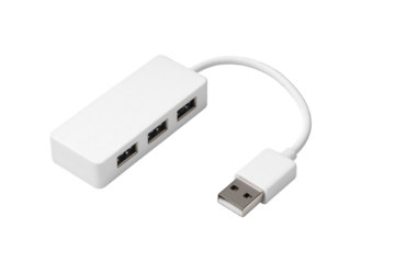 Photo of white usb hub with multiple ports and a connected cable, isolated on transparent background