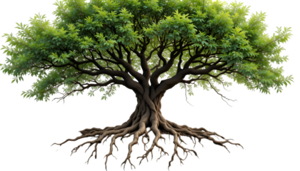 Majestic ancient tree with sprawling roots and vibrant green foliage reaching towards the sky