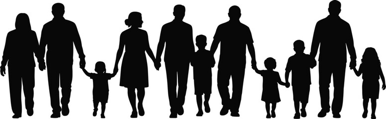 Silhouette of multiple families holding hands walking together, parents and children united, diverse ages, strong bond, love, togetherness, support, outdoor walk
