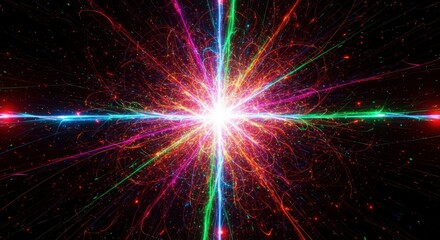 Bright white light bursts outward forming a vibrant explosion of multicolored lines and particles against a dark starry background