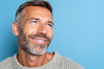 Obraz premium A mid-aged man with a gray beard and blue eyes, smiling and looking upward against a vibrant light-blue backdrop.