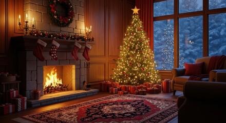 A cozy living room is decorated for christmas with a glowing tree, a warm fireplace, and stockings hung with care, creating a festive and inviting atmosphere for the holidays
