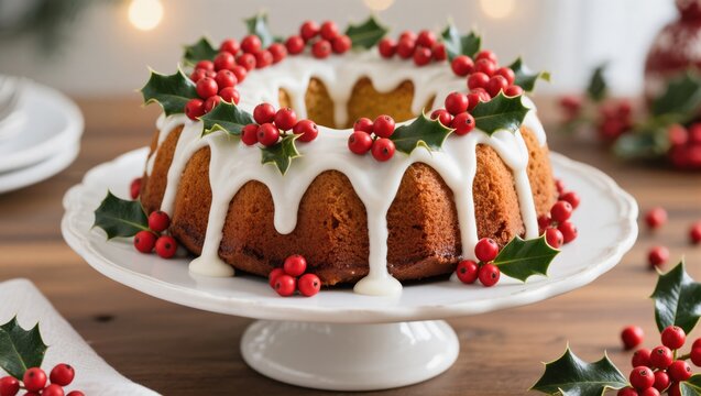 Festive Bundt Cake Decorated With Red Berries and Holly for a Holiday Celebration - Powered by Adobe