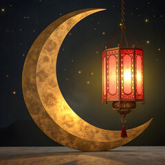 golden crescent moon with lantern hanging