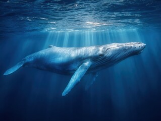 Fototapeta premium Majestic humpback whale gliding effortlessly underwater in vibrant blue ocean with sun rays streaming down, perfect for conservation campaign