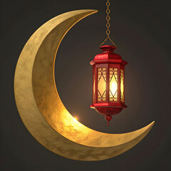golden crescent moon with lantern hanging