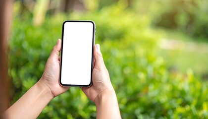 Smartphone held outdoors in hands, blank screen