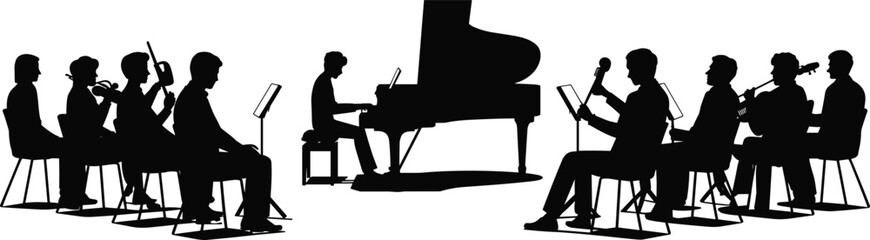 Silhouette orchestra musicians performing with piano, classical music band concert, instrumental harmony, symphony performance, artistic expression, teamwork, creativity, culture