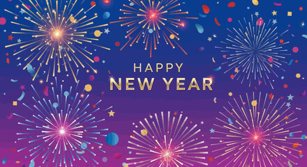 Naklejka premium Vibrant New Year Fireworks Display with Golden Text.