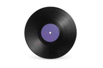 Vintage black vinyl record spinning with vibrant purple label, capturing retro music essence against transparent backdrop