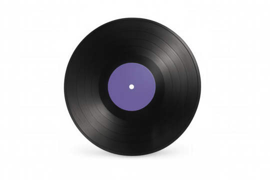 Vintage black vinyl record spinning with vibrant purple label, capturing retro music essence against transparent backdrop